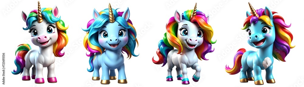 3D illustration of a happy Little Unicorn, with a very colorful mane. 3D render. 3D character. cartoon style. Isolated on transparent background