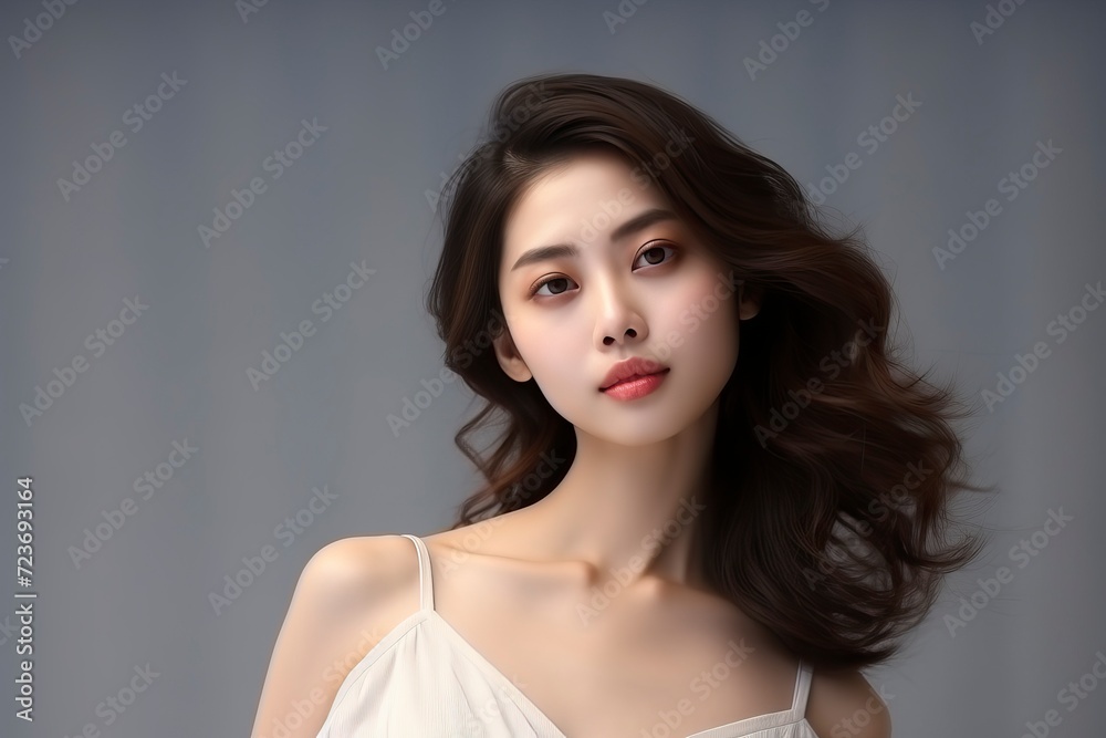 Portrait of beautiful Asian girl with perfect smooth skin on gray background. Young attractive Korean woman with long hair smiles and looks at the camera. Cosmetology, beauty, fashion Portrait of beautiful Asian girl with perfect smooth skin on gray background. Young attractive Korean woman with long hair smiles and looks at the camera. Cosmetology, beauty, fashion
