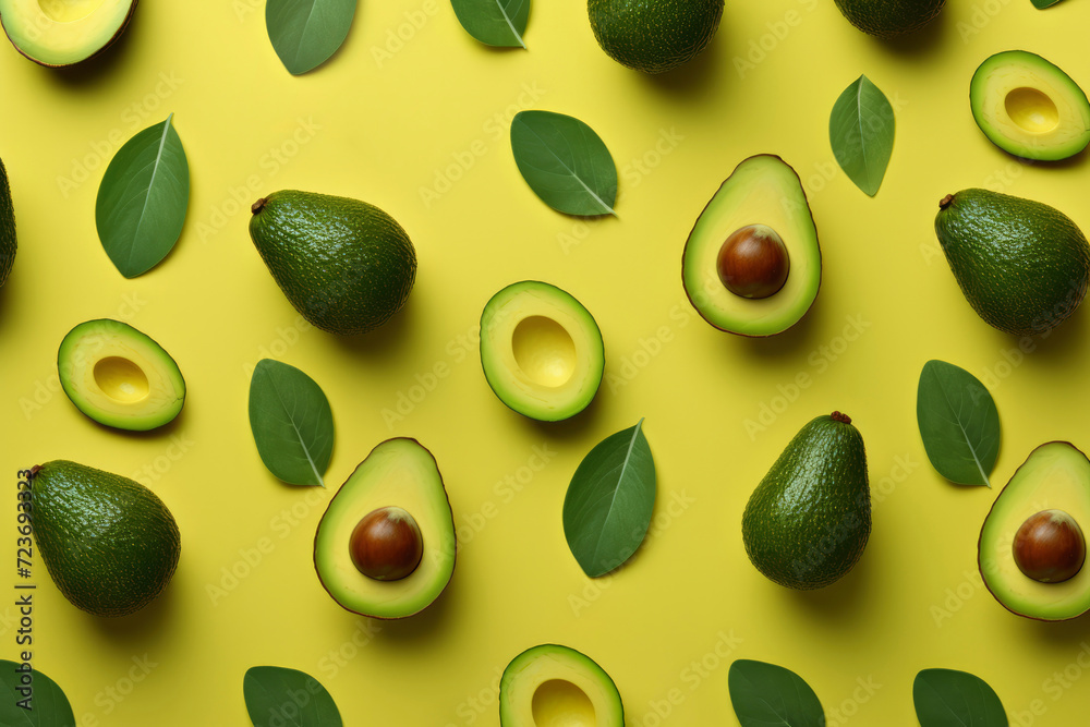 Avocado pattern. Ripe whole and cut avocado fruits, green leaves on yellow background, flat lay top view. Organic healthy food, creative avocado background Avocado pattern. Ripe whole and cut avocado fruits, green leaves on yellow background, flat lay top view. Organic healthy food, creative avocado background