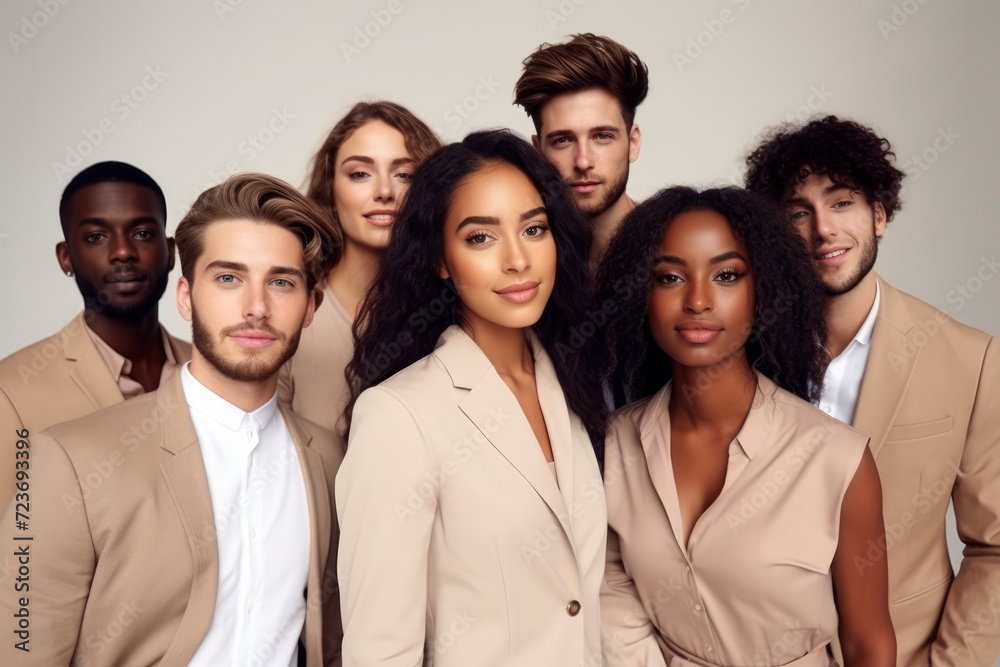 Portrait of group of successful young people of different races on gray background. Businessmen men and businesswomen smile, look at camera. Multiethnic team of creative people, different ethnicity Portrait of group of successful young people of different races on gray background. Businessmen men and businesswomen smile, look at camera. Multiethnic team of creative people, different ethnicity