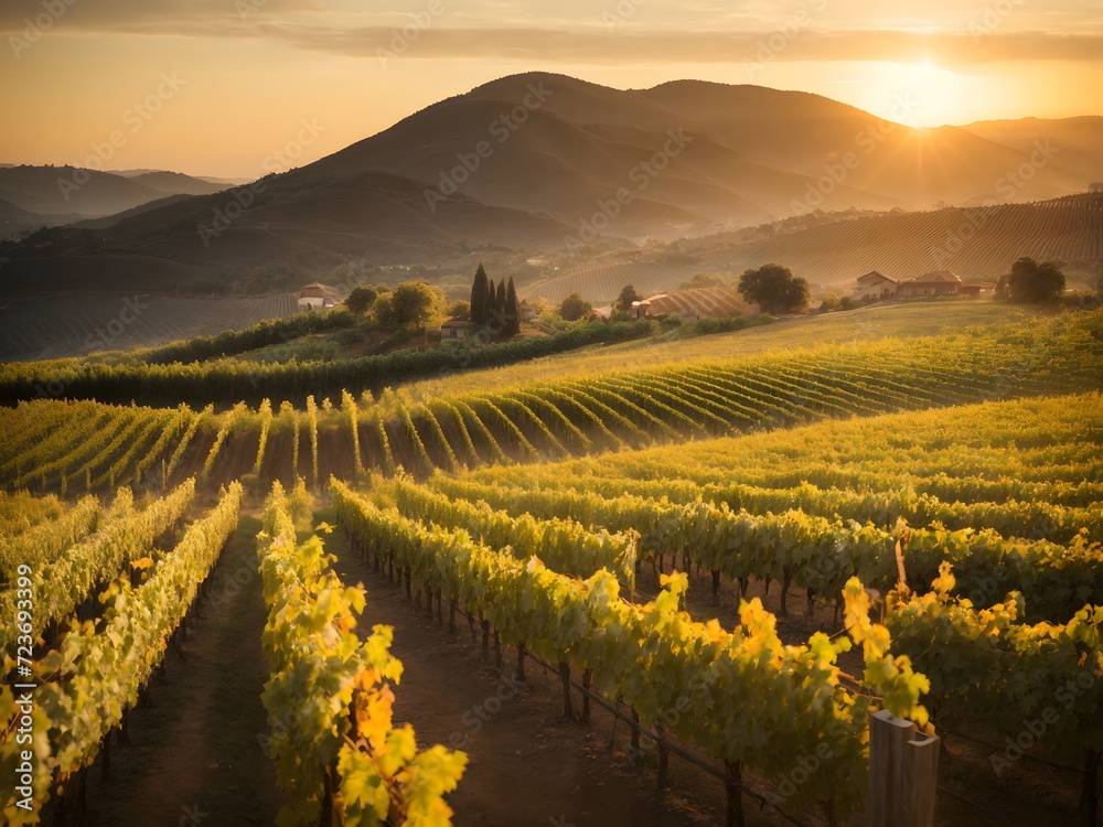 Vineyard in Tuscany at Sunset - Italian style - Fictional Location Illustration - Morning Majesty: Sunrise in the Wine Country