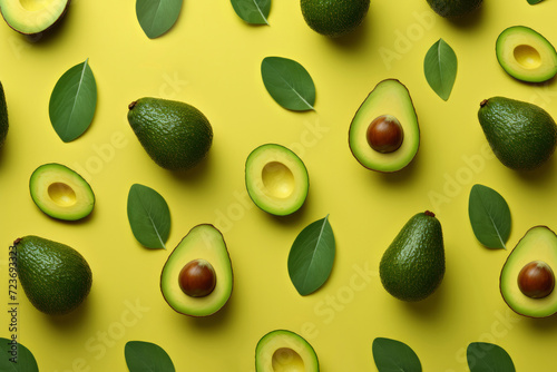 Avocado pattern. Ripe whole and cut avocado fruits, green leaves on yellow background, flat lay top view. Organic healthy food, creative avocado background