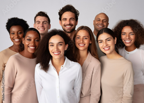 Portrait of group of successful young people of different races on gray background. Businessmen men and businesswomen smile, look at camera. Multiethnic team of creative people, different ethnicity