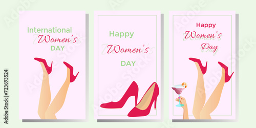 Happy Women's Day set. Women's legs in high heels. Happy March 8 Postcard and poster for the spring holiday. Vector illustration for card, poster, web.