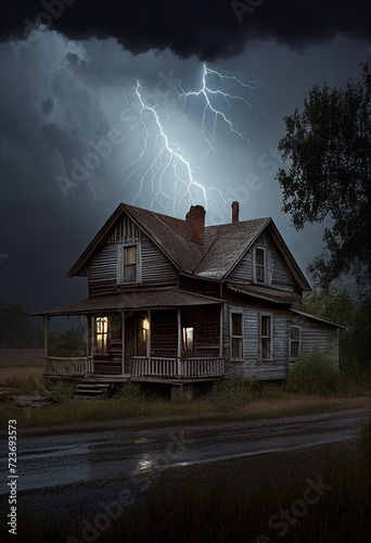 Lightning strike behind a small farmhouse. AI generated