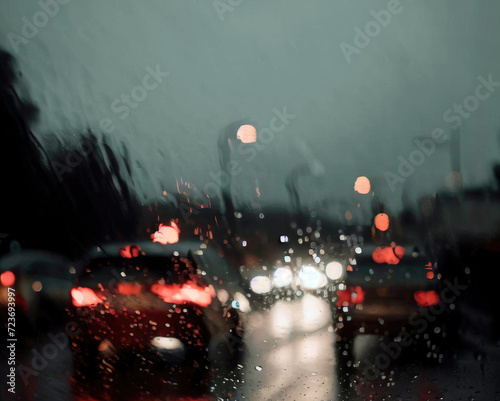 View of traffic, cars, and lights from inside a car. Rainy day