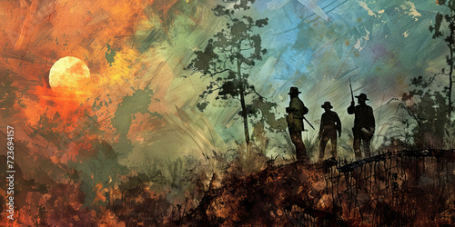 Brothers Divide: A Scene Capturing the Fractured Nation During the Civil War Era, Against an Abstract Background to Symbolize the Emotional and Ideological Rifts.