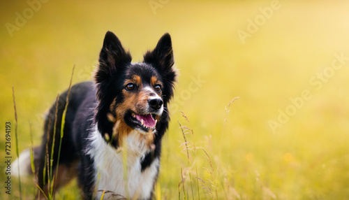 Happy black tricolor border collie standing in a meadow on a yellow background