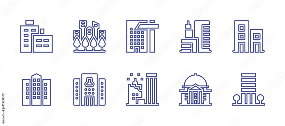 Building line icon set. Editable stroke. Vector illustration. Containing greens, buildings, building, laboratory, apartment, building trade, government building.