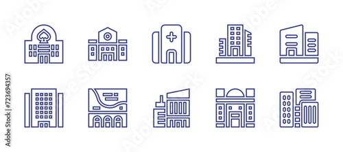 Building line icon set. Editable stroke. Vector illustration. Containing casino, hospital, office, building, town.