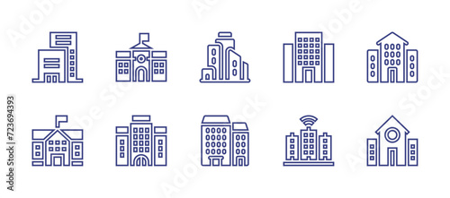 Building line icon set. Editable stroke. Vector illustration. Containing company, hotel, buildings, school, smart city, flats, library.