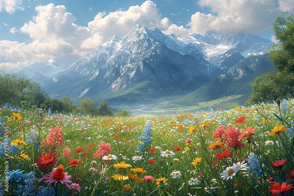 Summer Bliss: A Vibrant Field of Wildflowers and Mountains Generative AI