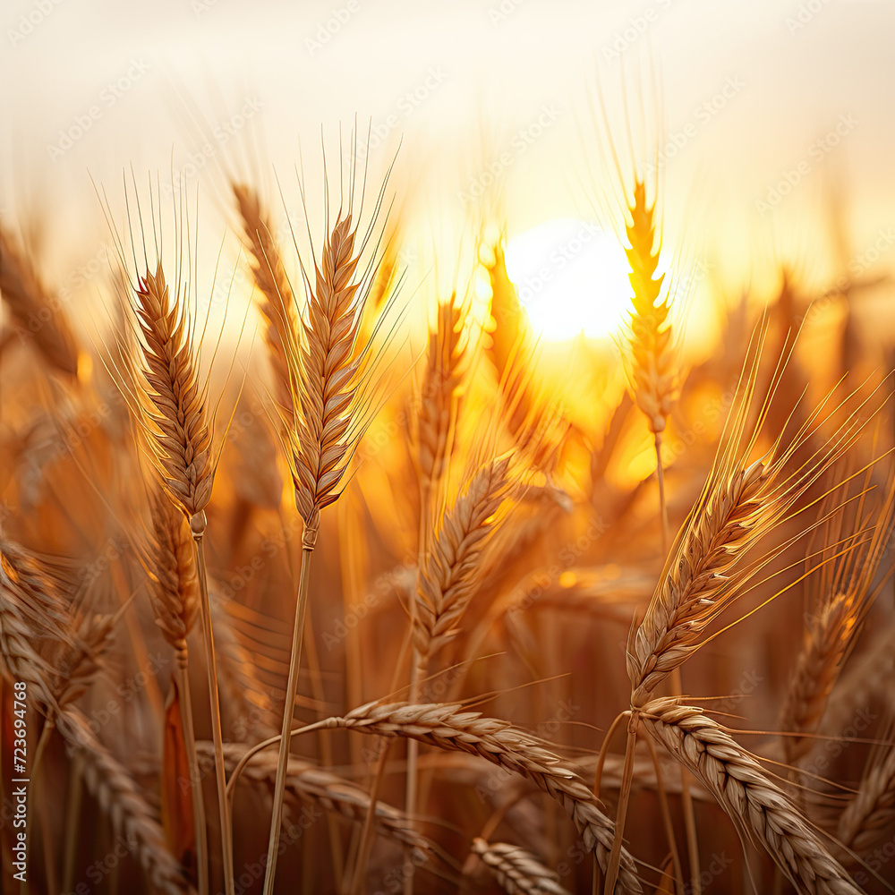 Serene Sunset Wheat Crop: Hyper-Realistic Minimalist Image - Golden Seeds Illuminated by Setting Sun, Natural Beauty Serene Sunset Wheat Crop: Hyper-Realistic Minimalist Image - Golden Seeds Illuminated by Setting Sun, Natural Beauty