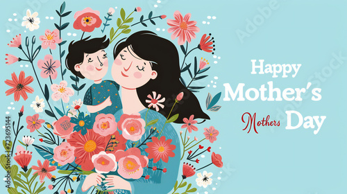  Illustration Of Mother Holding Baby Son In Arms "Love you Mom" text. Happy Mother`s Day Greeting Card