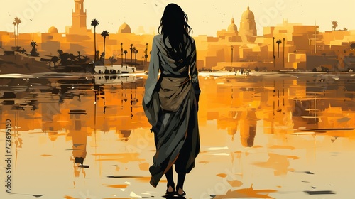 Silhouette of a girl against the background of Indian cities. Digital concept, illustration painting. #723695150