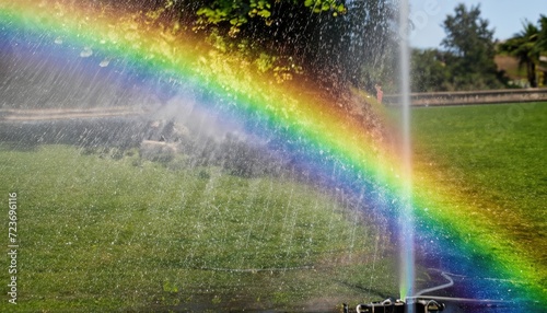 A rainbow appearing in a sprinkler stream of water
