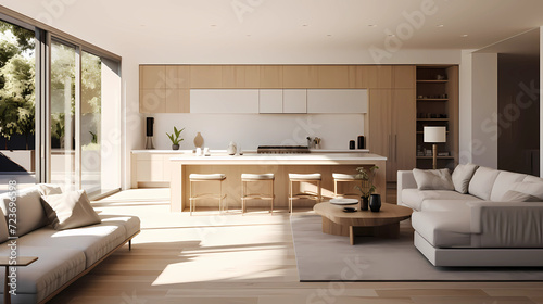 A modern minimalist home interior design with clean lines, sleek furniture, and neutral color palette, featuring an open-concept living space connected to a spacious kitchen, bathed in natural light