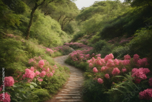 Winding path in the forest, lined with pink flowers
