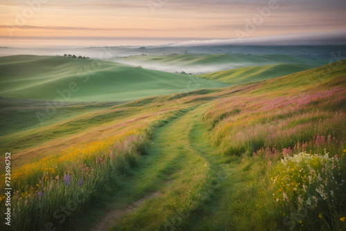 Sunrise in the hills - Morning fog and green grass all over, a winding path leads into the infinity
