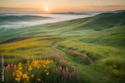 Sunrise in the hills - Morning fog and green grass all over, a winding path leads into the infinity
