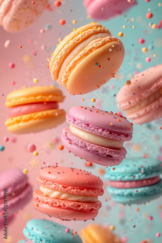 Colorful flying macaroons on a pastel pink background