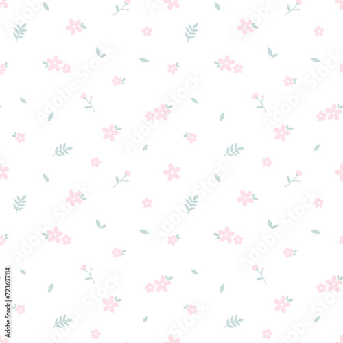 Flower seamless pattern vector. Pink flower with green leaf on white background. Pastel floral pattern. Garden theme wallpaper. Design for fabric, textile, wrapping paper, card, dress, scarf, skirt.