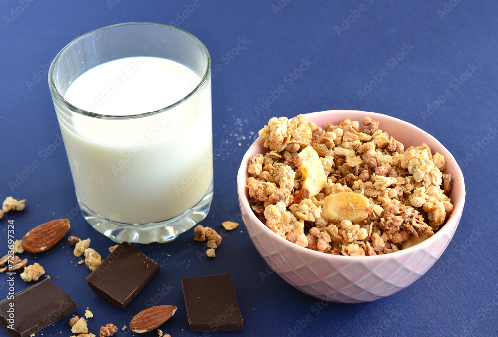 bowl of banana granola with glass of milk bowl of banana granola with glass of milk
