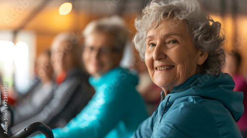 Group of elderly women smiling happy people in a tracksuit working out fitness in the gym, healthy lifestyle concept