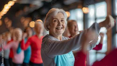 Group of elderly women smiling happy people in a tracksuit working out fitness in the gym, healthy lifestyle concept