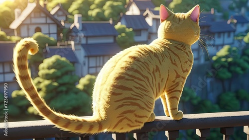 Back view of yellow cat standing on railing. Cat Carrtoon photo