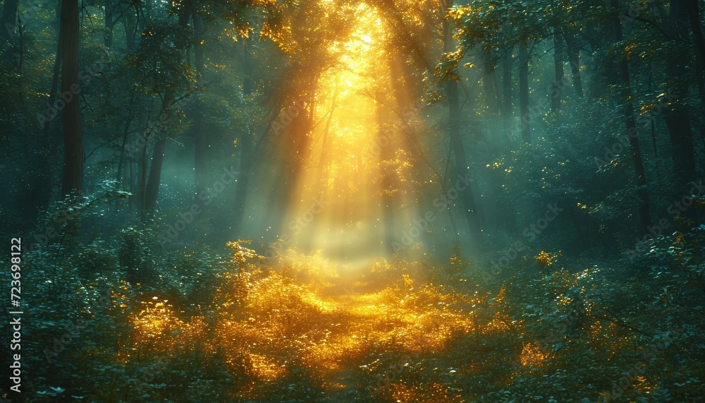 Golden Sunlight in the Forest: A Glorious Glimpse of Nature's Beauty Generative AI