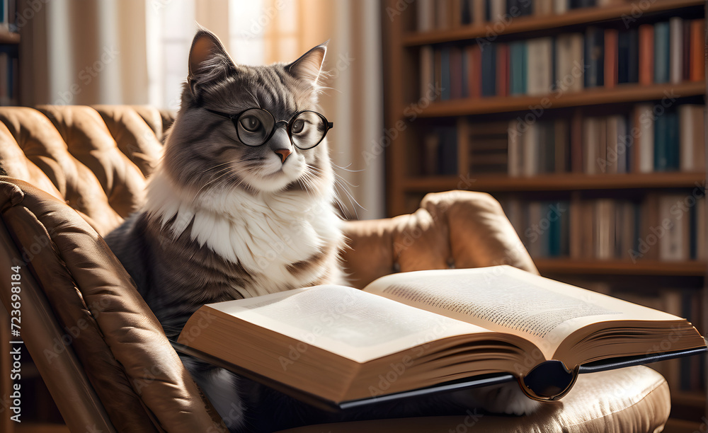 A cute cat reading a book. Generative AI A cute cat reading a book. Generative AI