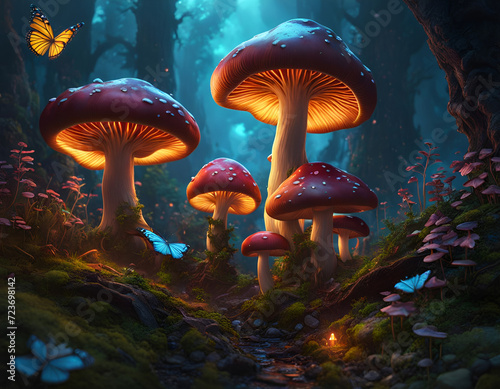 Fantasy landscape with mushroom and butterflies in a mysterious dreamy woodland. Concept of magic, imagination, fairytale. Digital illustration. CG Artwork Background