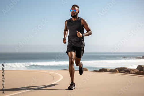 Afro-American man jogging on road near coastline of ocean during summer. Healthy lifestyle for adults. Runner training for marathon cross country running. Morning exercising sport aerobic workout