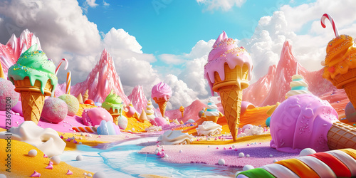 Colossal Ice Cream Factory Produces Massive Scoops of Ice Cream in Various Flavors, Surrounded by Candy Themed Landscapes: A Whimsical and Delicious Scene Depicting the Joyful Creations