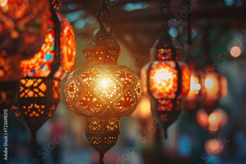 collection of intricately designed hanging lanterns emitting a warm glow © Suhardi