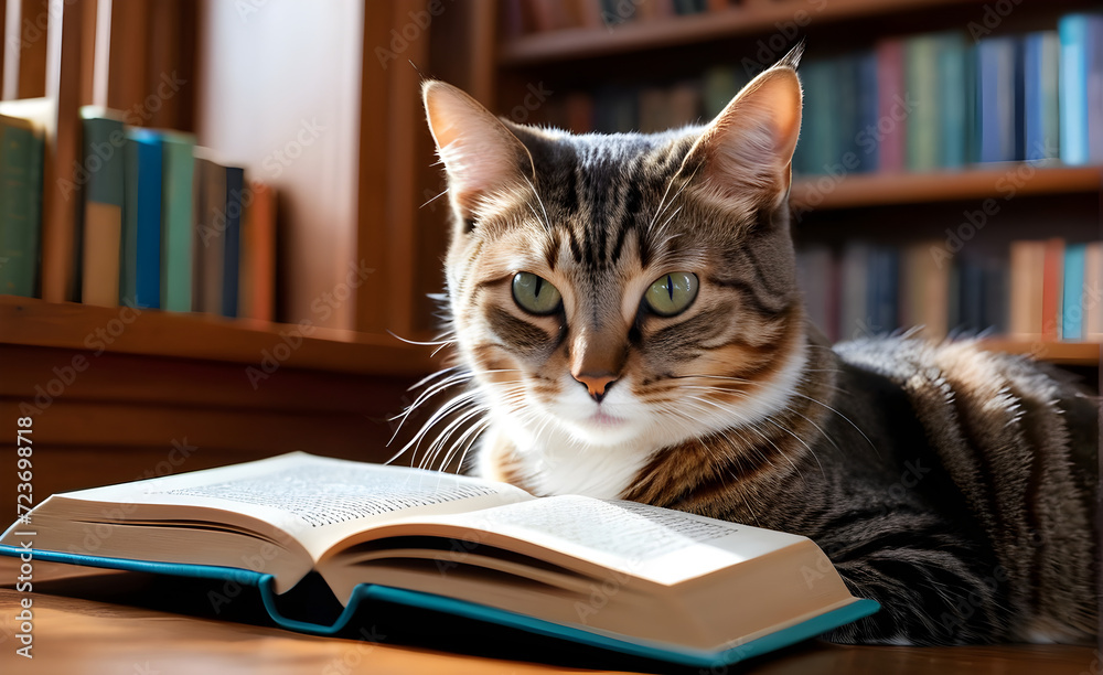 A cute cat reading a book. Generative AI A cute cat reading a book. Generative AI