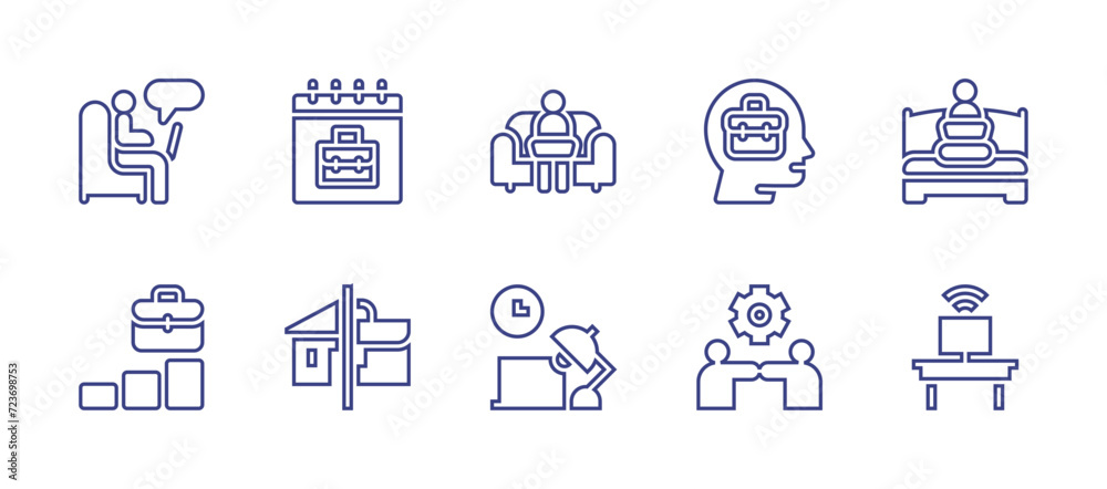 Work line icon set. Editable stroke. Vector illustration. Containing working at home, working, work, work place, hybrid work, working together.