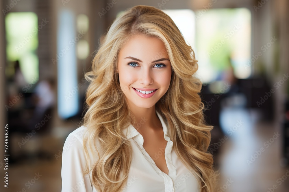 Beautiful Smiling Blonde Woman with Long Hair in a Modern Beauty Salon Setting Beautiful Smiling Blonde Woman with Long Hair in a Modern Beauty Salon Setting