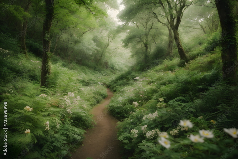Winding Forest Path lined with white wild flowers, lush vegetation, verdant plants all around Winding Forest Path lined with white wild flowers, lush vegetation, verdant plants all around