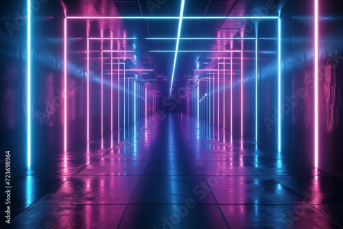 A Long Hallway Illuminated by Neon Lights © Generative ART