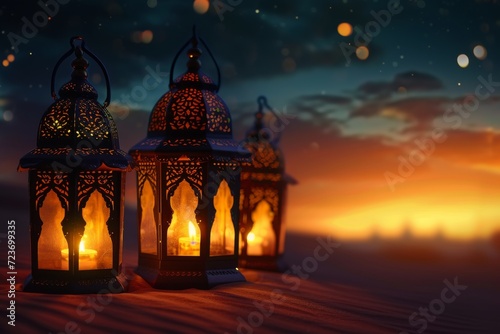 Intricate shadow patterns are cast on the surface due to the ornate design of the lanterns