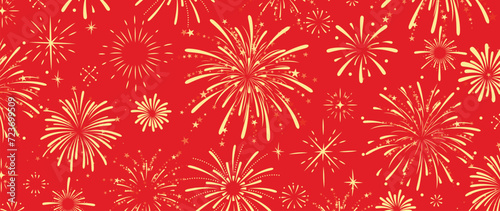 Festival chinese backdrop vector. Happy chinese new year wallpaper design with golden fireworks on red background. Modern luxury oriental illustration for cover, banner, website, decor, advert.