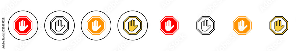 Stop icon set vector. stop road sign. hand stop sign and symbol. Do not enter stop red sign with hand Stop icon set vector. stop road sign. hand stop sign and symbol. Do not enter stop red sign with hand