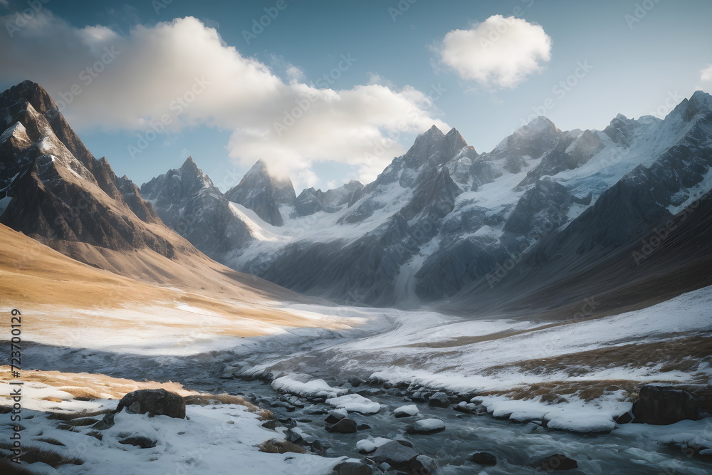 Obraz premium Mountains Landscape - Morning Bliss, Sunlit Peaks and Cloud-kissed Skies - Tranquil Winter Valley