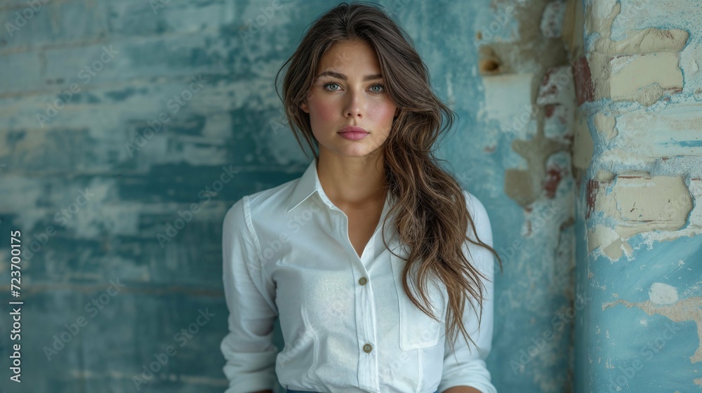 portrait d'une très belle jeune femme brune portant une chemise blanche, posant devant un mur bleu turquoise portrait d'une très belle jeune femme brune portant une chemise blanche, posant devant un mur bleu turquoise