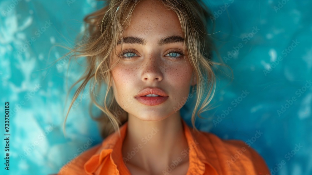 portrait d'une très belle jeune femme châtain portant une chemise orange, posant devant un mur bleu turquoise - obrazy, fototapety, plakaty 
