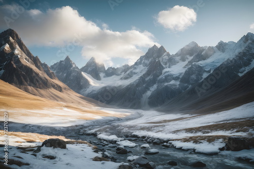 Mountains Landscape - Morning Bliss, Sunlit Peaks and Cloud-kissed Skies - Tranquil Winter Valley