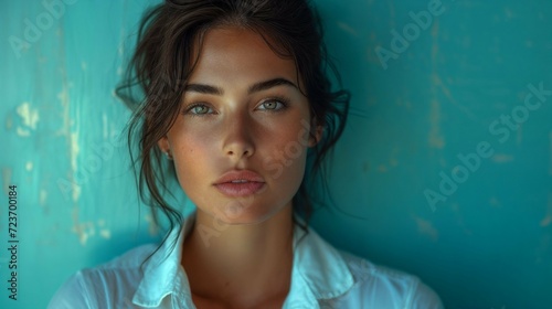 portrait d'une très belle jeune femme brune portant une chemise blanche, posant devant un mur bleu turquoise