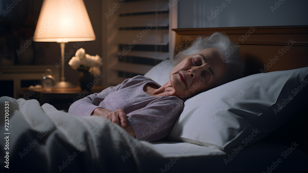 Image of an elderly woman sleeping on a bed Giving importance to sleep health.